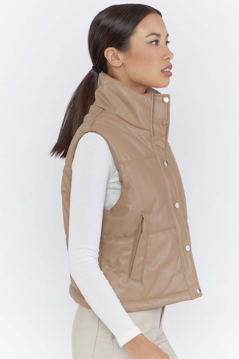 Faux Leather Puffer Vest Light Brown