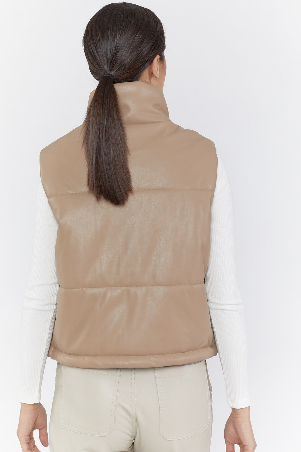 Faux Leather Puffer Vest Light Brown