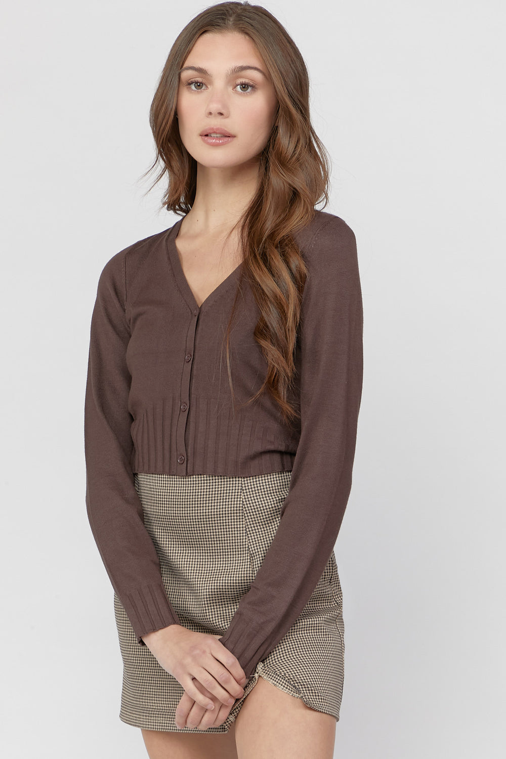 Ribbed Button-Front Cardigan Sweater Dark Brown