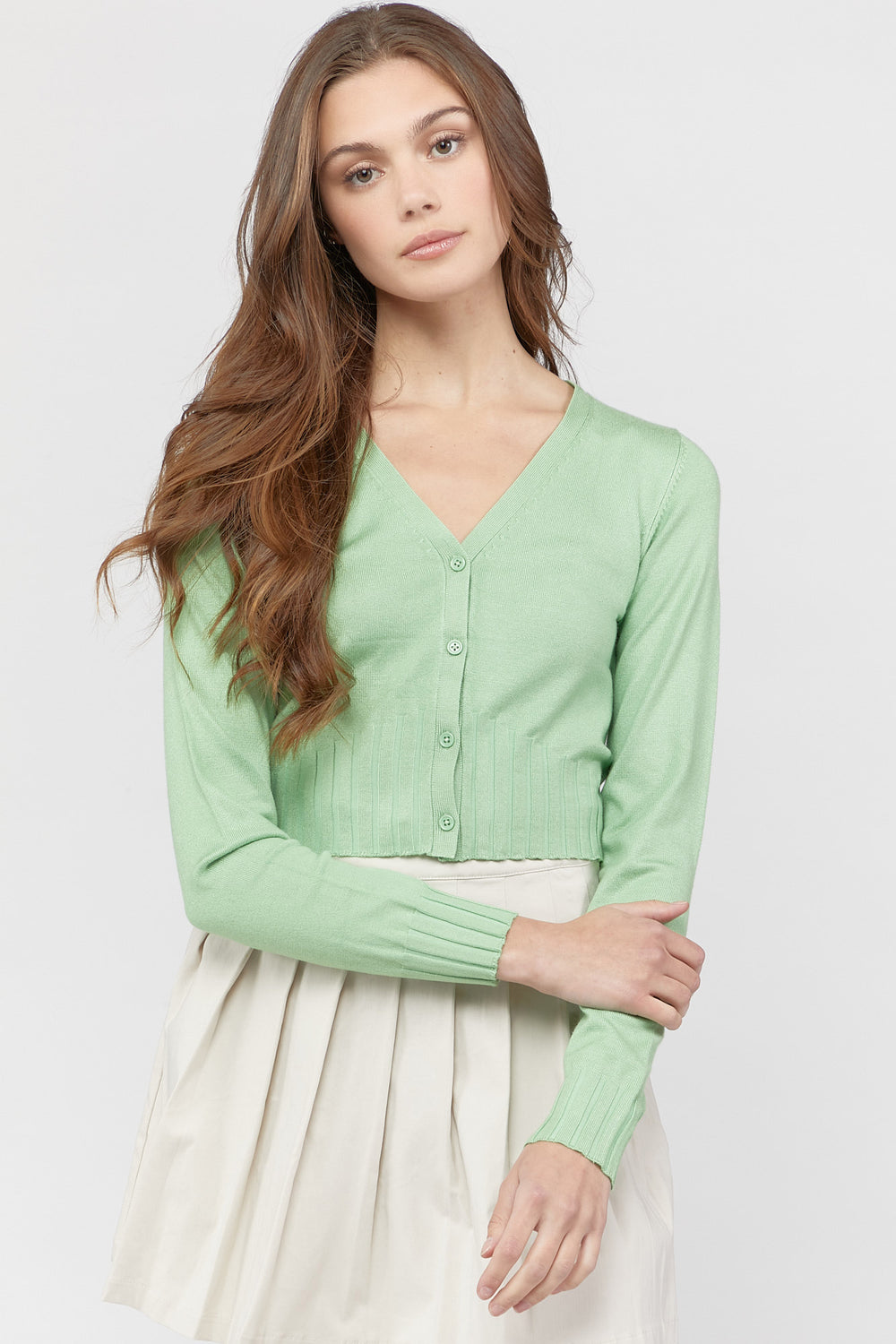 Ribbed Button-Front Cardigan Sweater Green