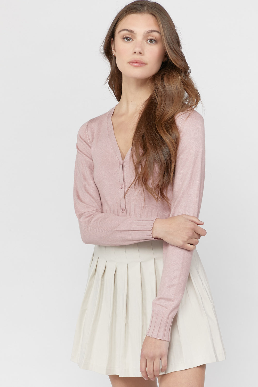 Ribbed Button-Front Cardigan Sweater Rose