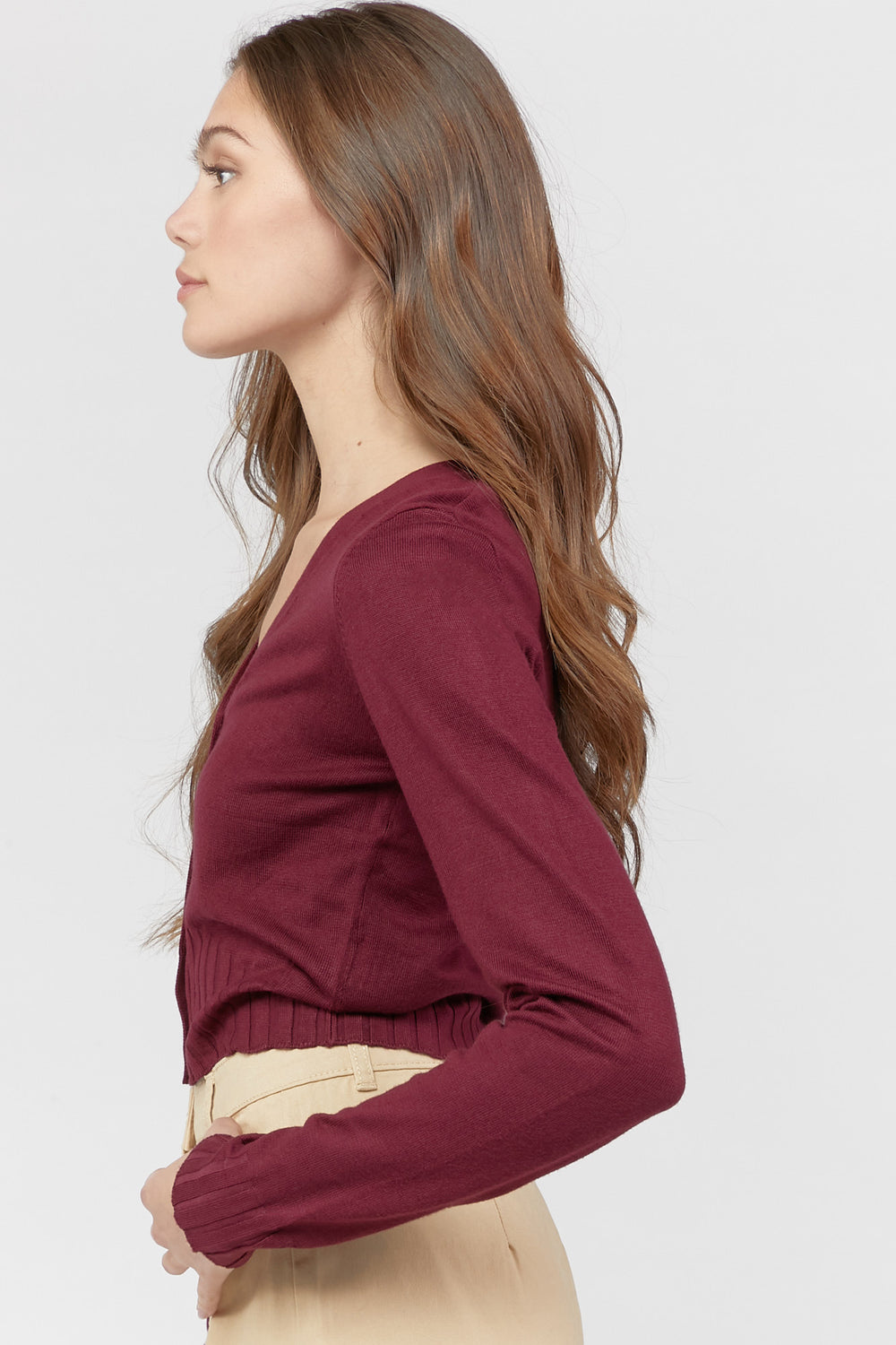 Ribbed Button-Front Cardigan Sweater Burgundy