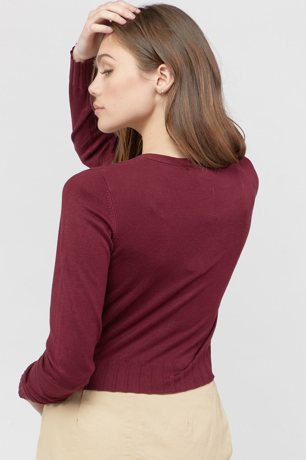 Ribbed Button-Front Cardigan Sweater Burgundy