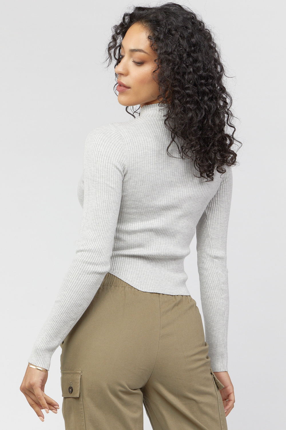 Ribbed Mock Neck Cropped Sweater Heather Grey