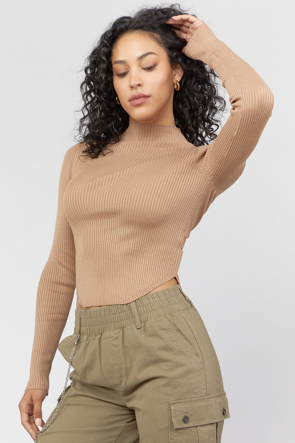 Ribbed Mock Neck Cropped Sweater Brown