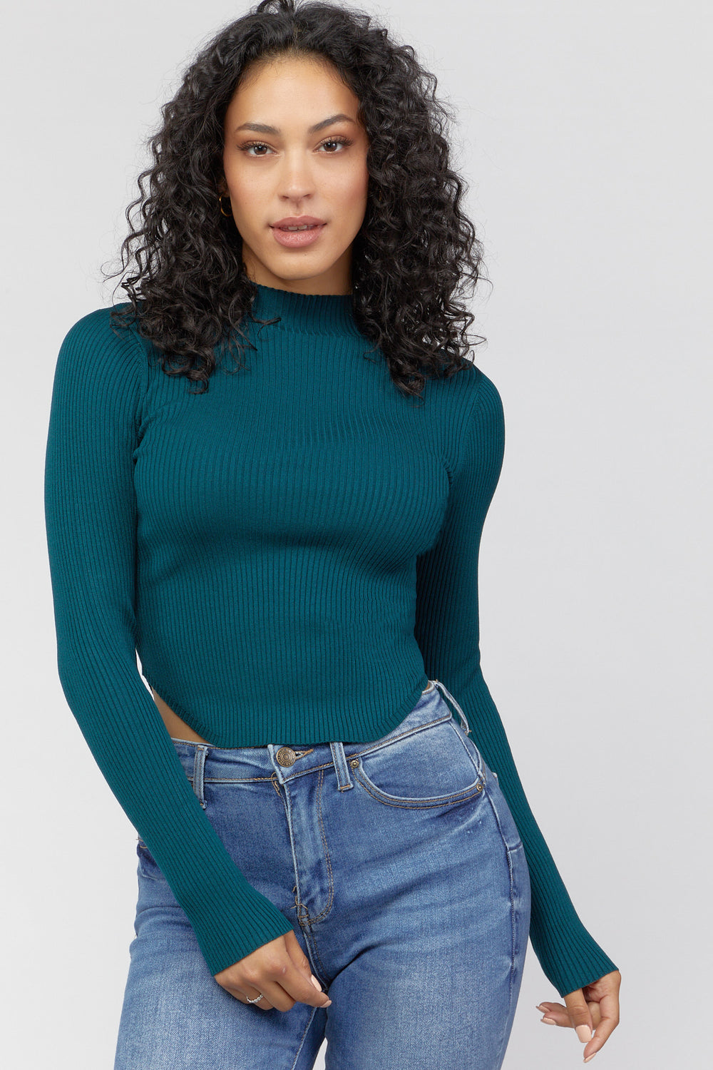 Ribbed Mock Neck Cropped Sweater Hunter Green