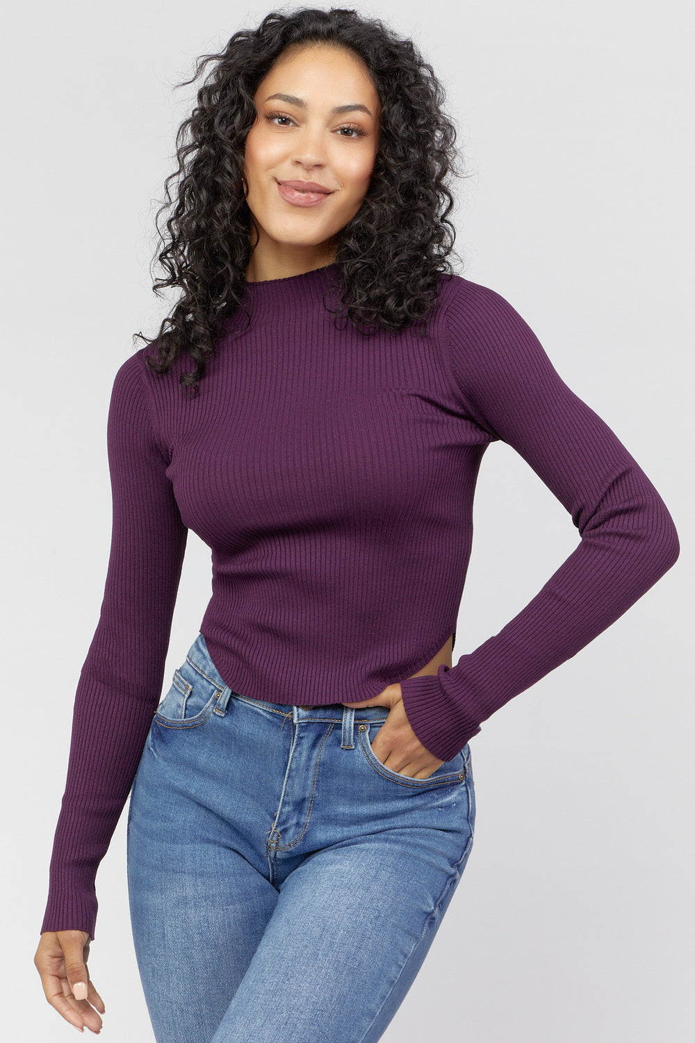 Ribbed Mock Neck Cropped Sweater Purple