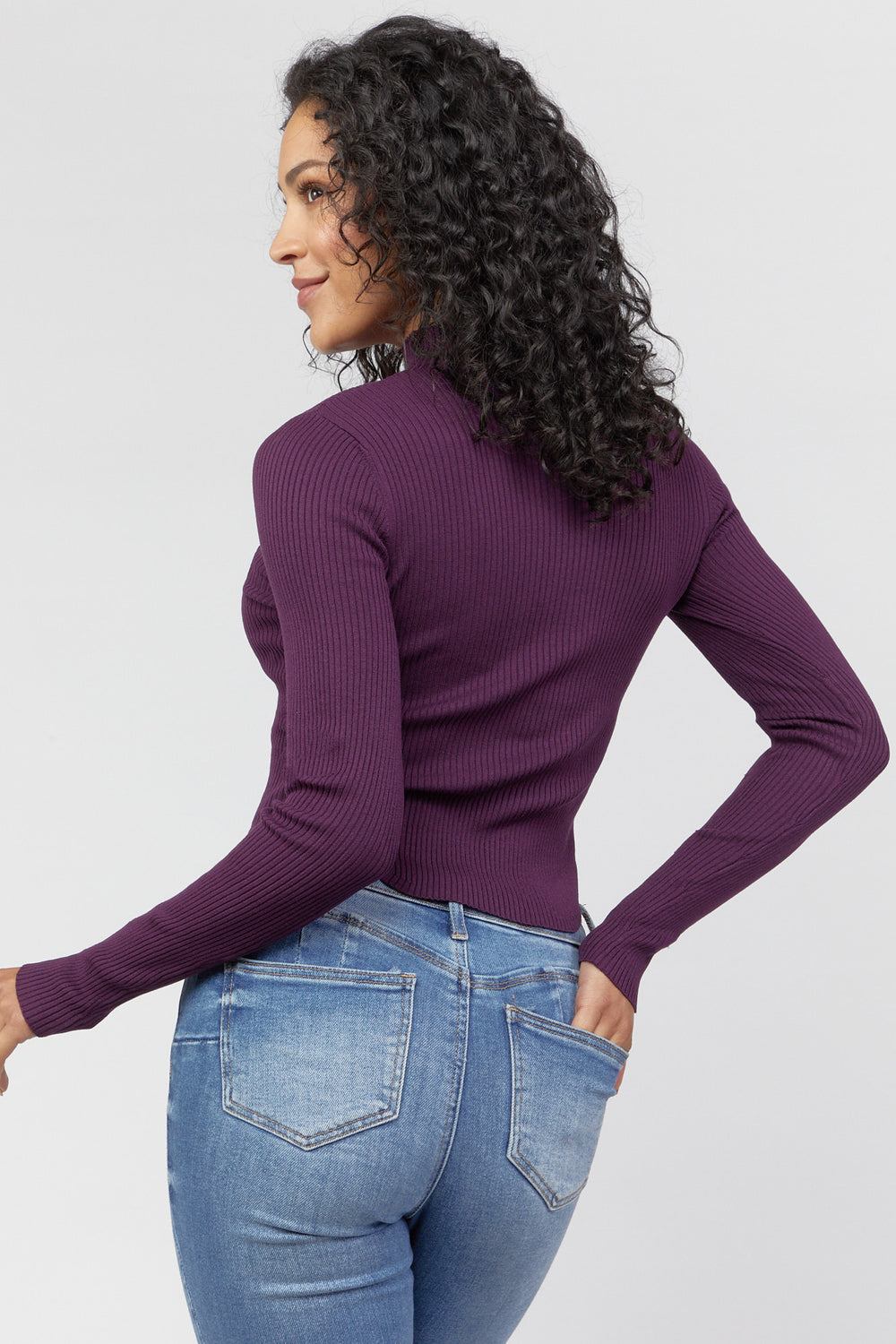 Ribbed Mock Neck Cropped Sweater Purple