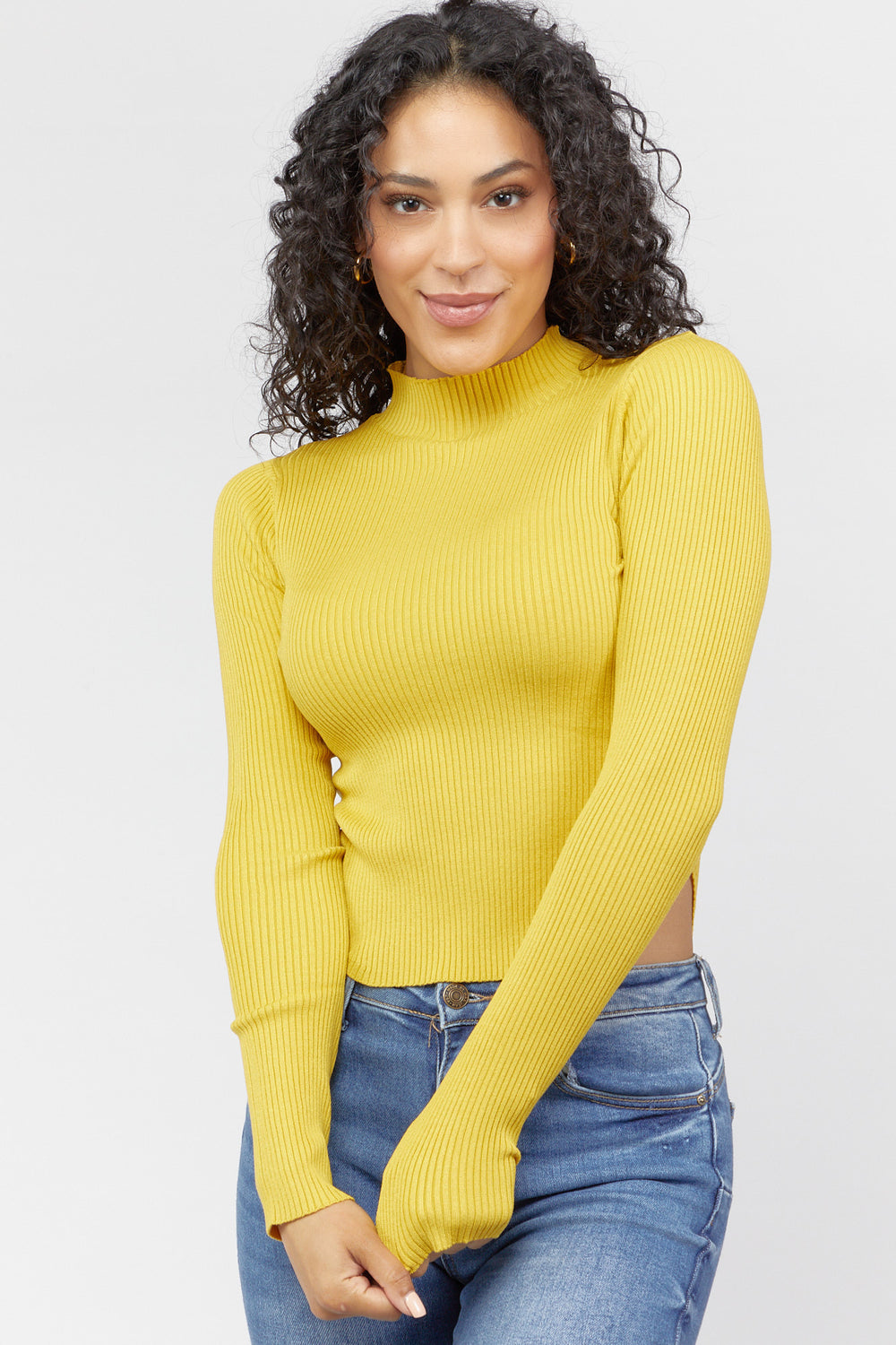 Ribbed Mock Neck Cropped Sweater Yellow