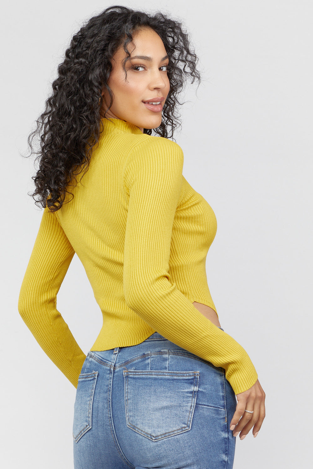 Ribbed Mock Neck Cropped Sweater Yellow