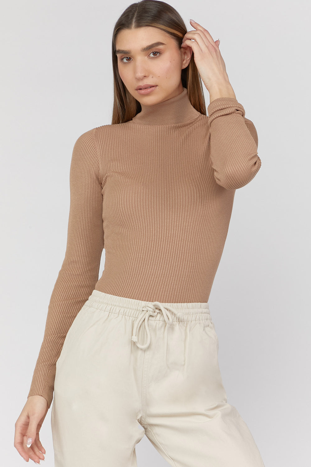 Ribbed Turtle Neck Long Sleeve Top Camel