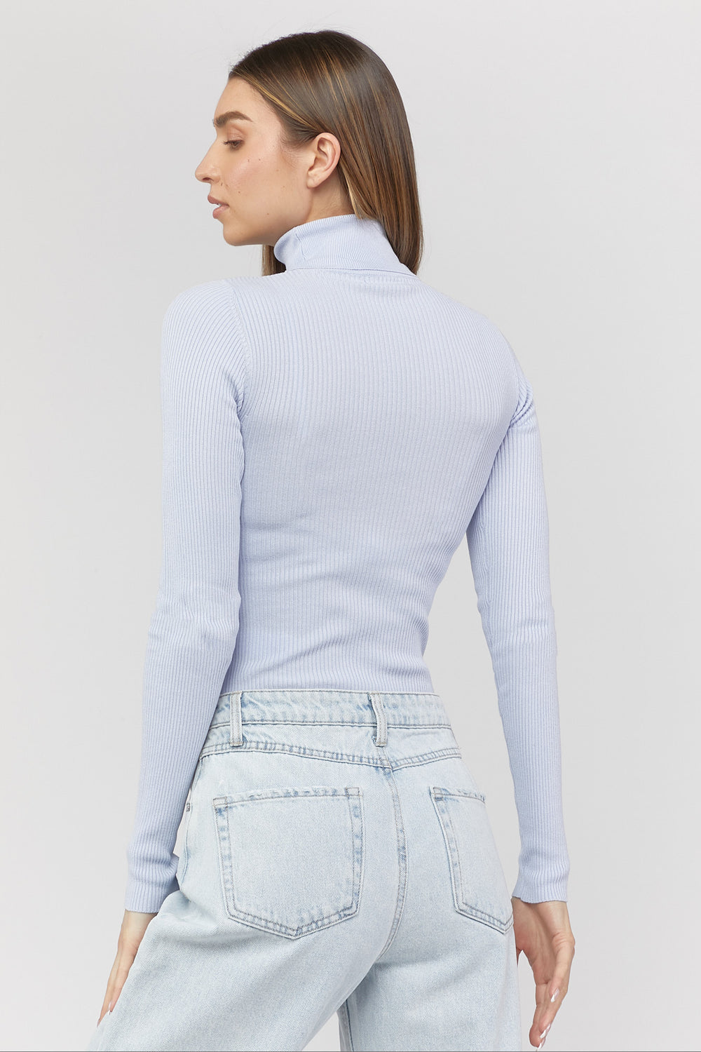 Ribbed Turtle Neck Long Sleeve Top Light Blue