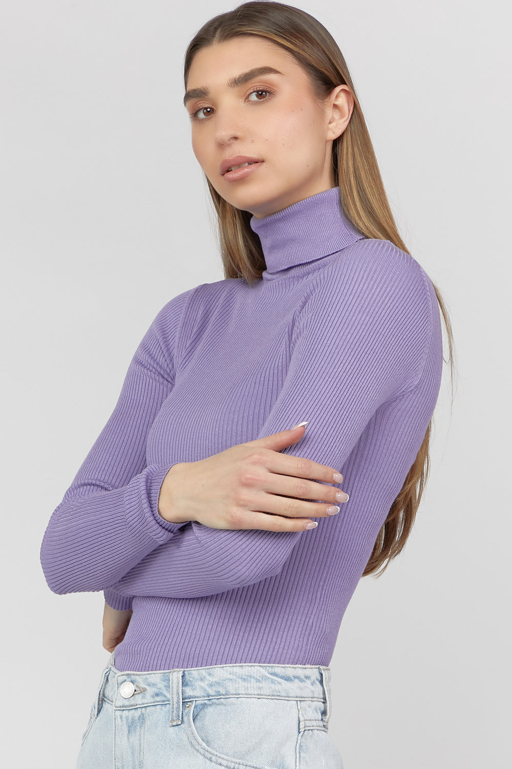 Ribbed Turtle Neck Long Sleeve Top Purple