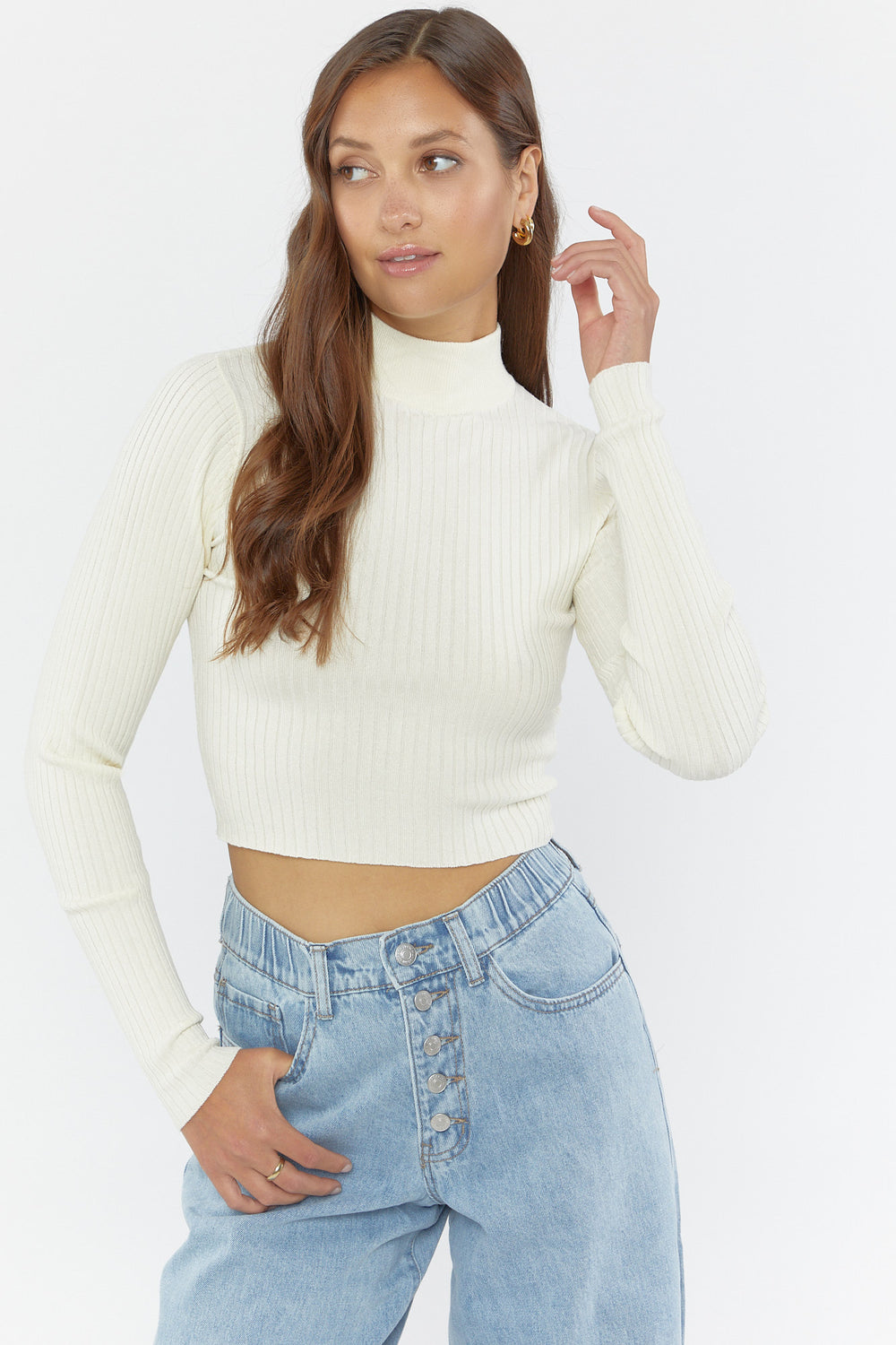 Ribbed Mock-Neck Sweater Top Cream