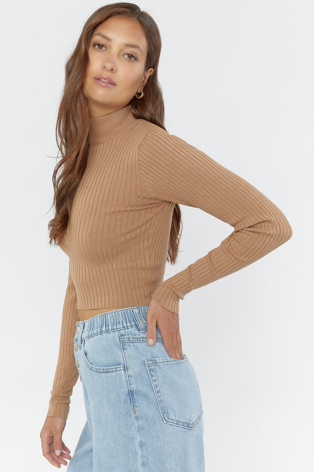 Ribbed Mock-Neck Sweater Top Brown