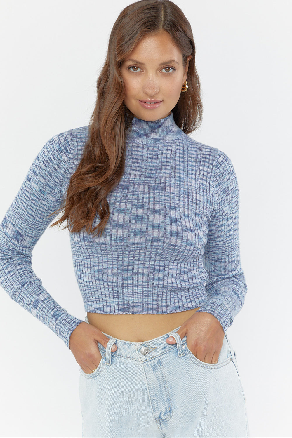 Ribbed Mock-Neck Sweater Top Blue