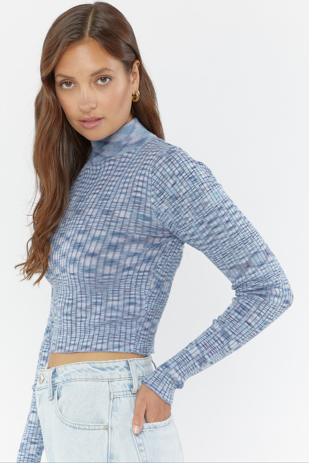 Ribbed Mock-Neck Sweater Top Blue