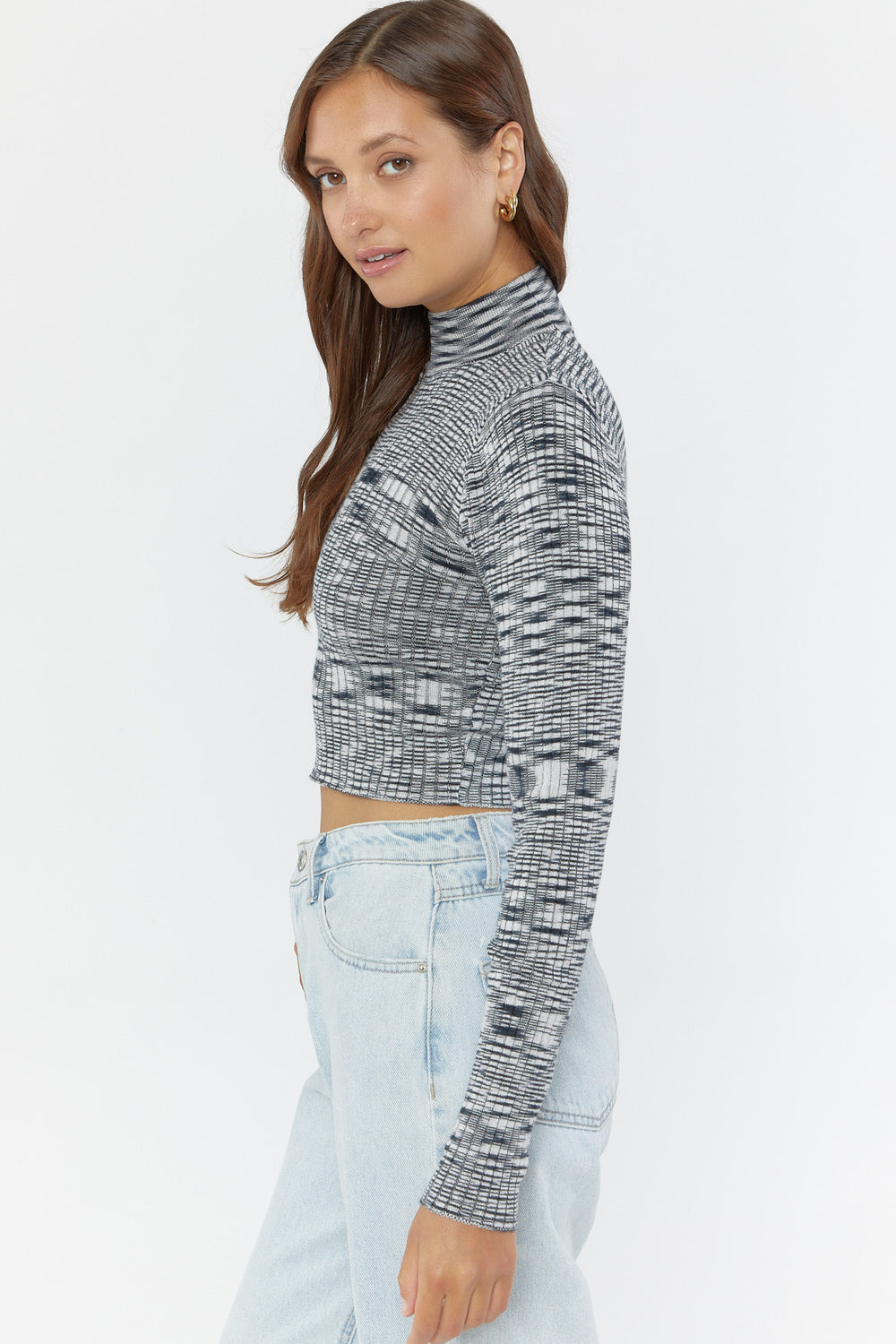 Ribbed Mock-Neck Sweater Top Black with White