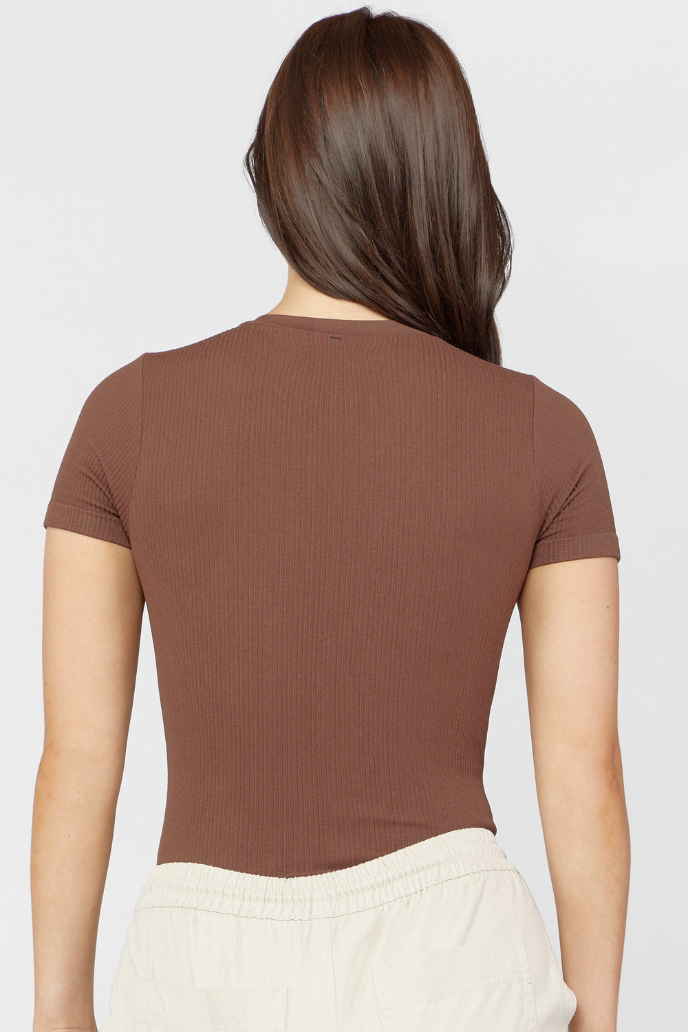 Seamless Ribbed Crew Neck Bodysuit Dark Brown