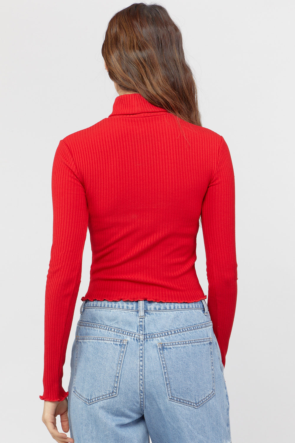 Turtleneck Lettuce-Edge Crop Top Red