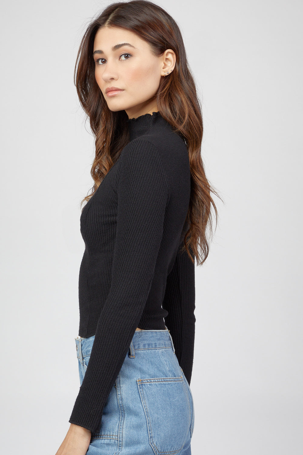 Mock-Neck Curved-Hem Top Black