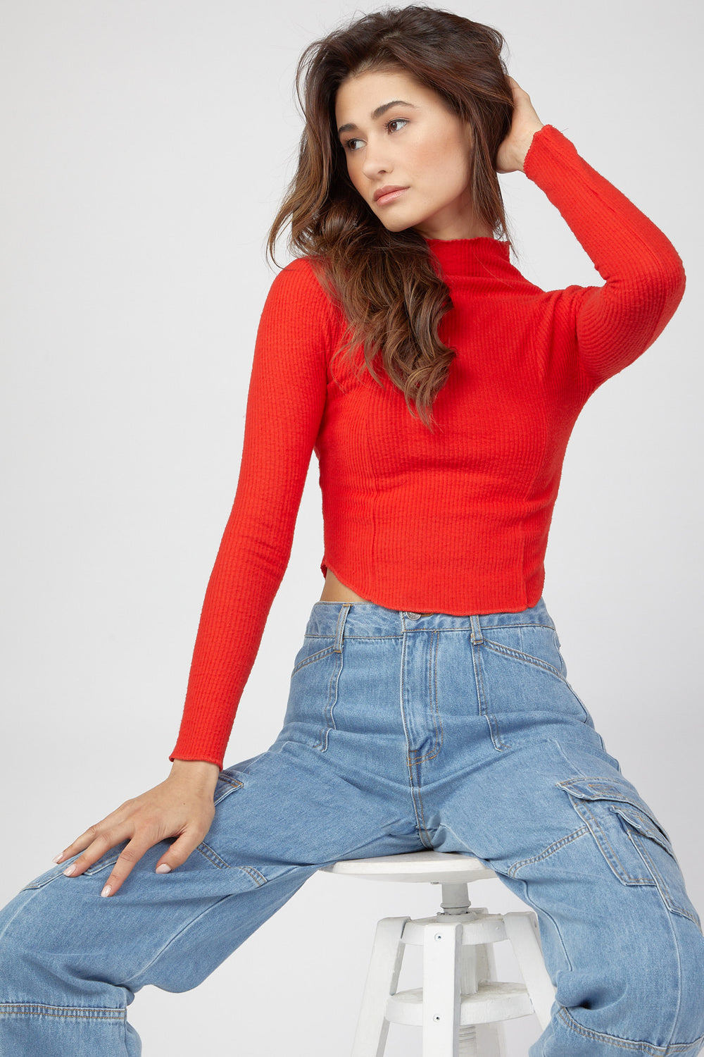 Mock-Neck Curved-Hem Top Red