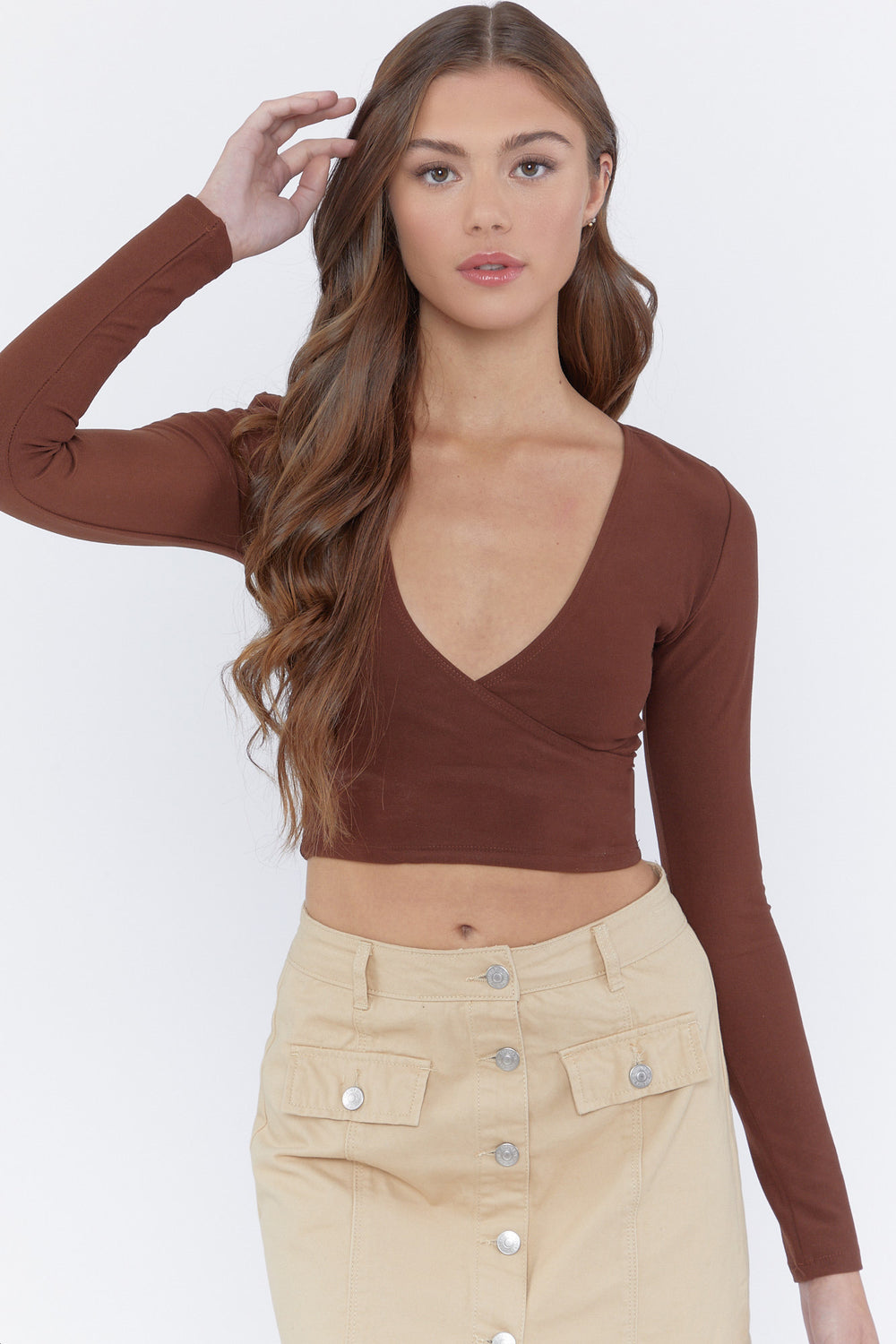 Basic Surplice Crop Top Brown