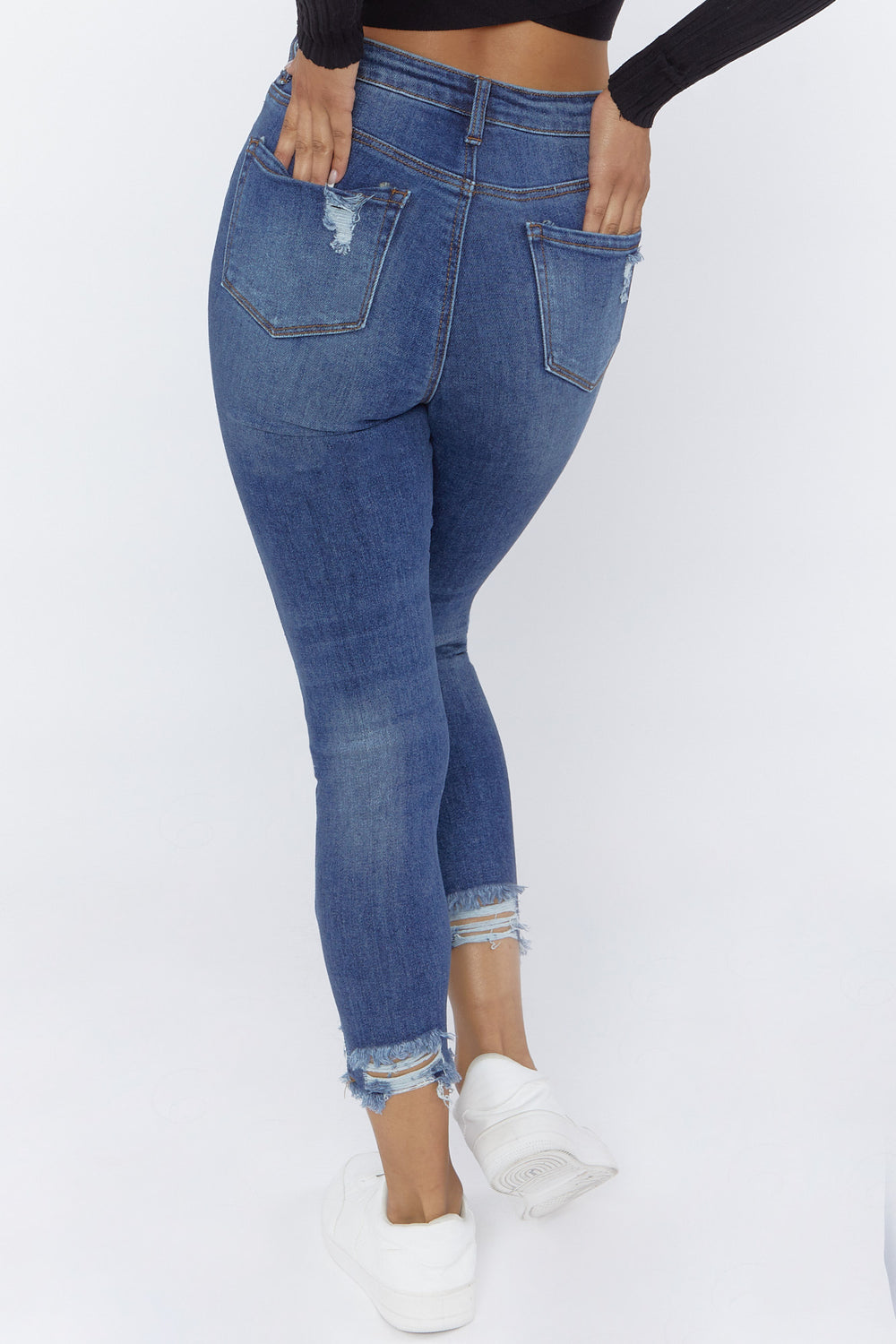 Distressed Raw-Cut Jeans Dark Blue