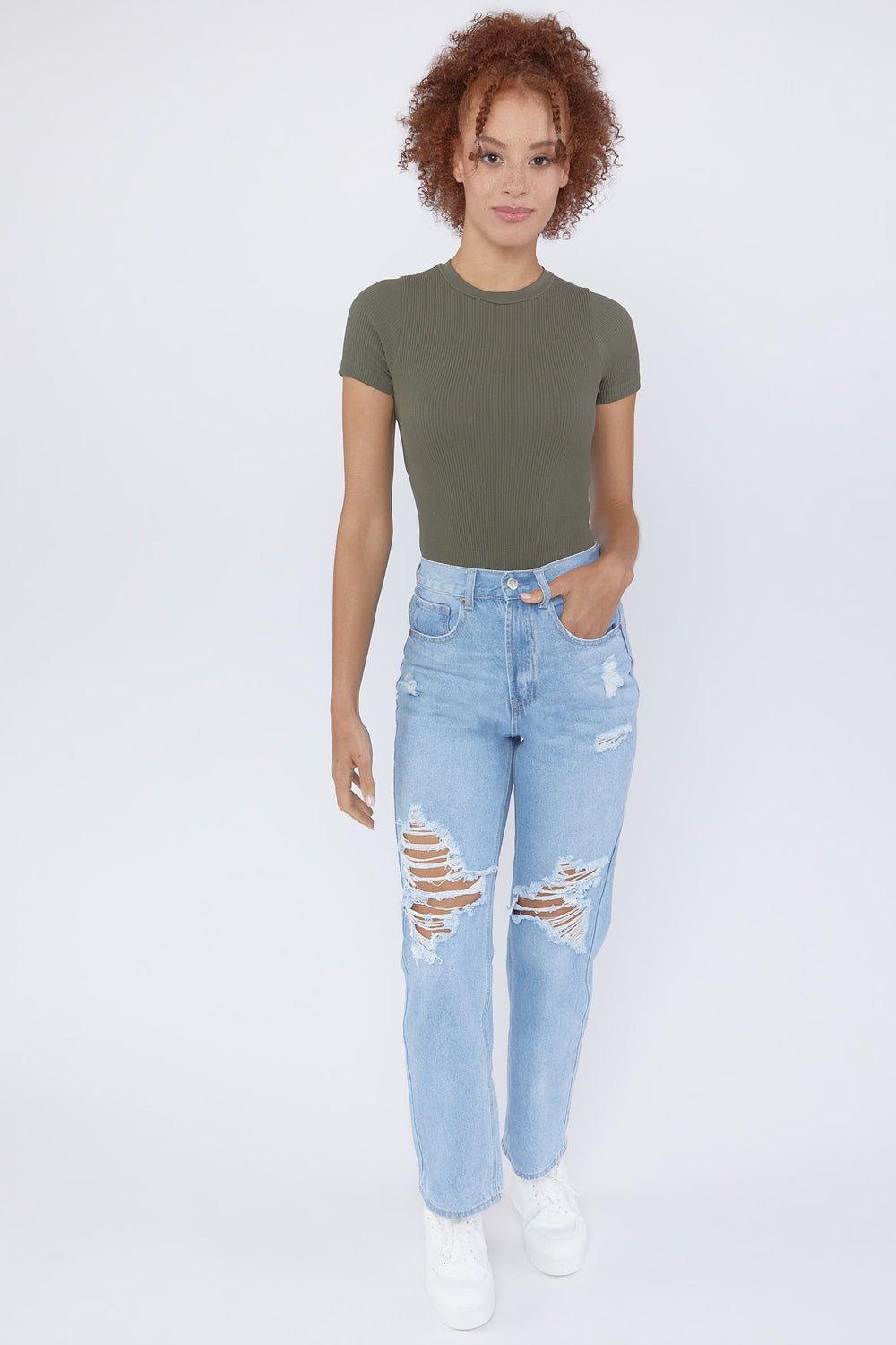 Distressed Medium Wash Mom Jeans  Light Denim Blue