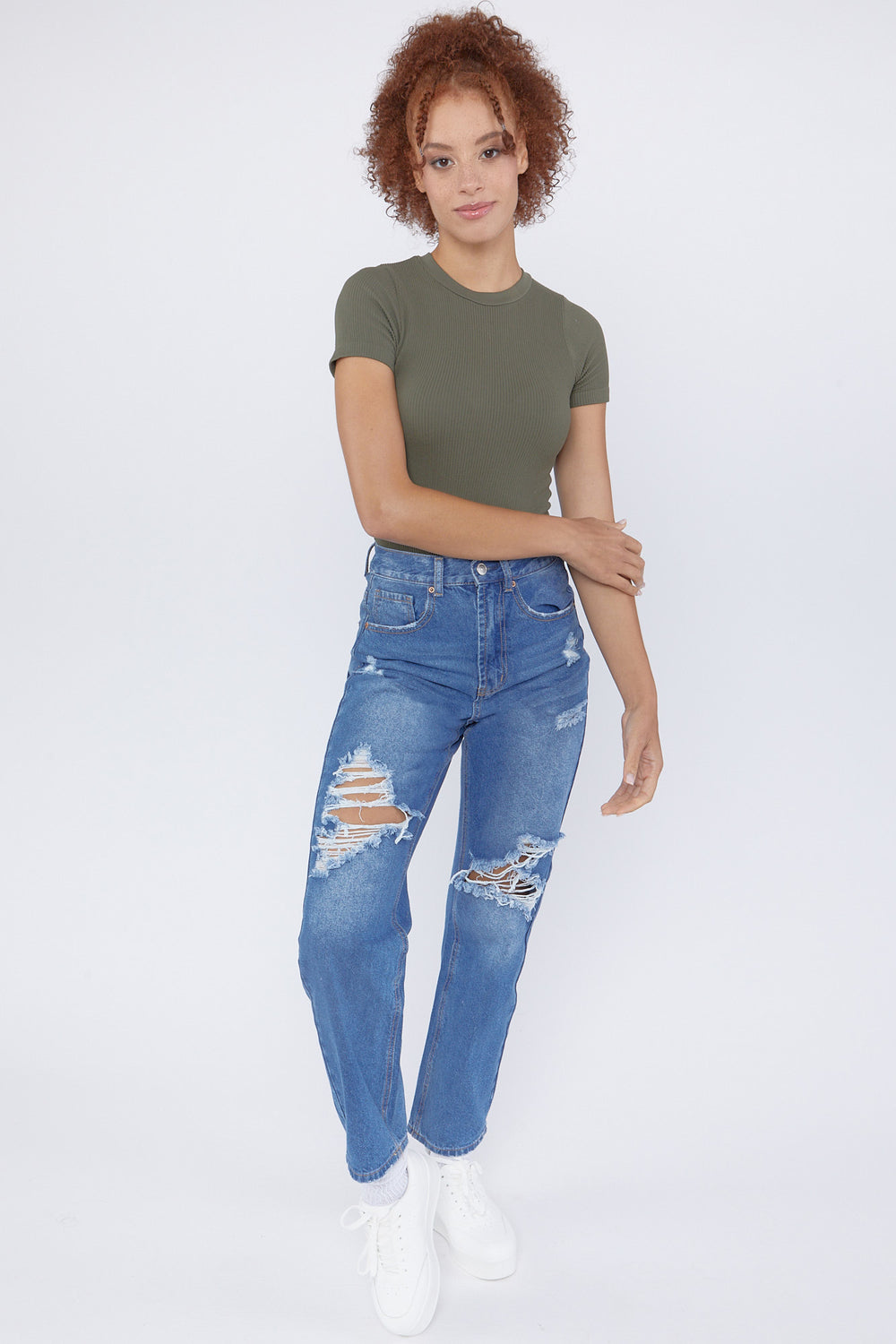 Distressed Medium Wash Mom Jeans Medium Blue