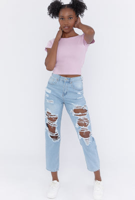 Link to Distressed Straight-Leg Mom Jeans Light Denim Blue