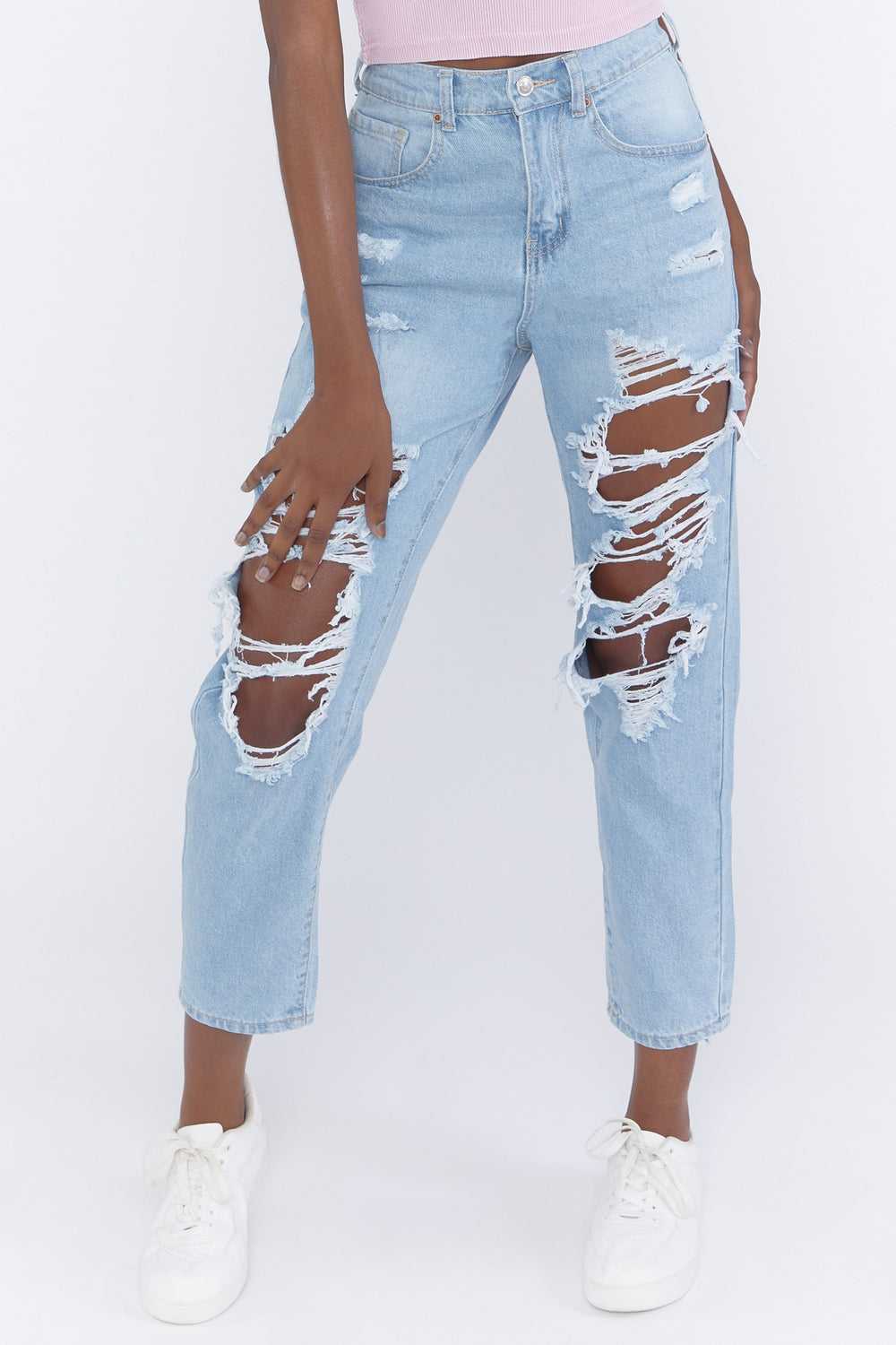 Distressed Straight-Leg Mom Jeans Light Denim Blue