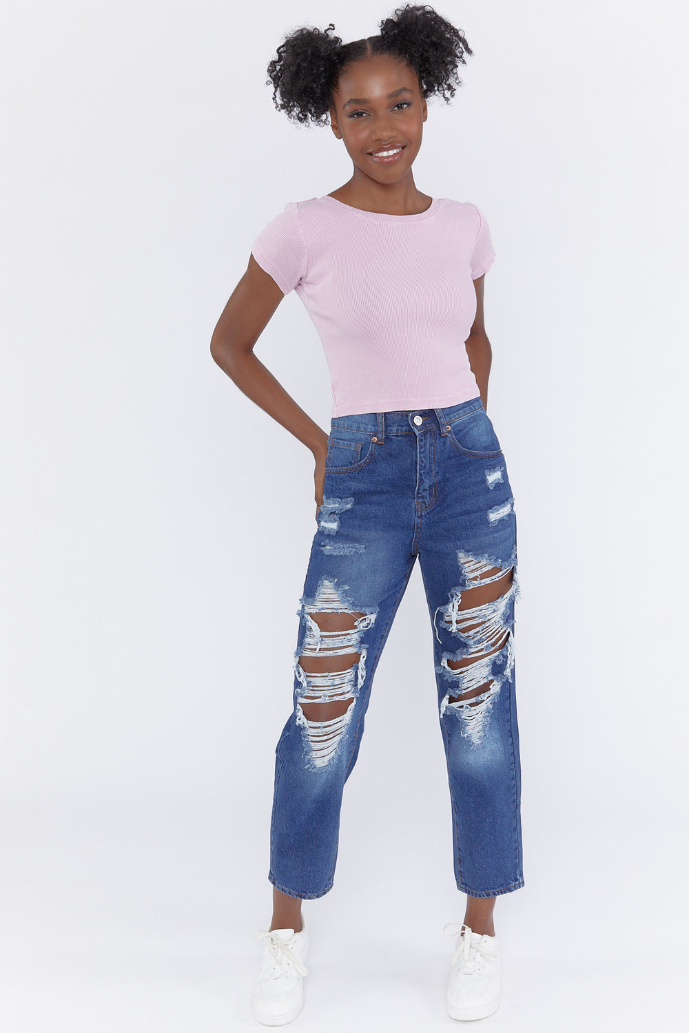 Distressed Straight-Leg Mom Jeans Denim Blue