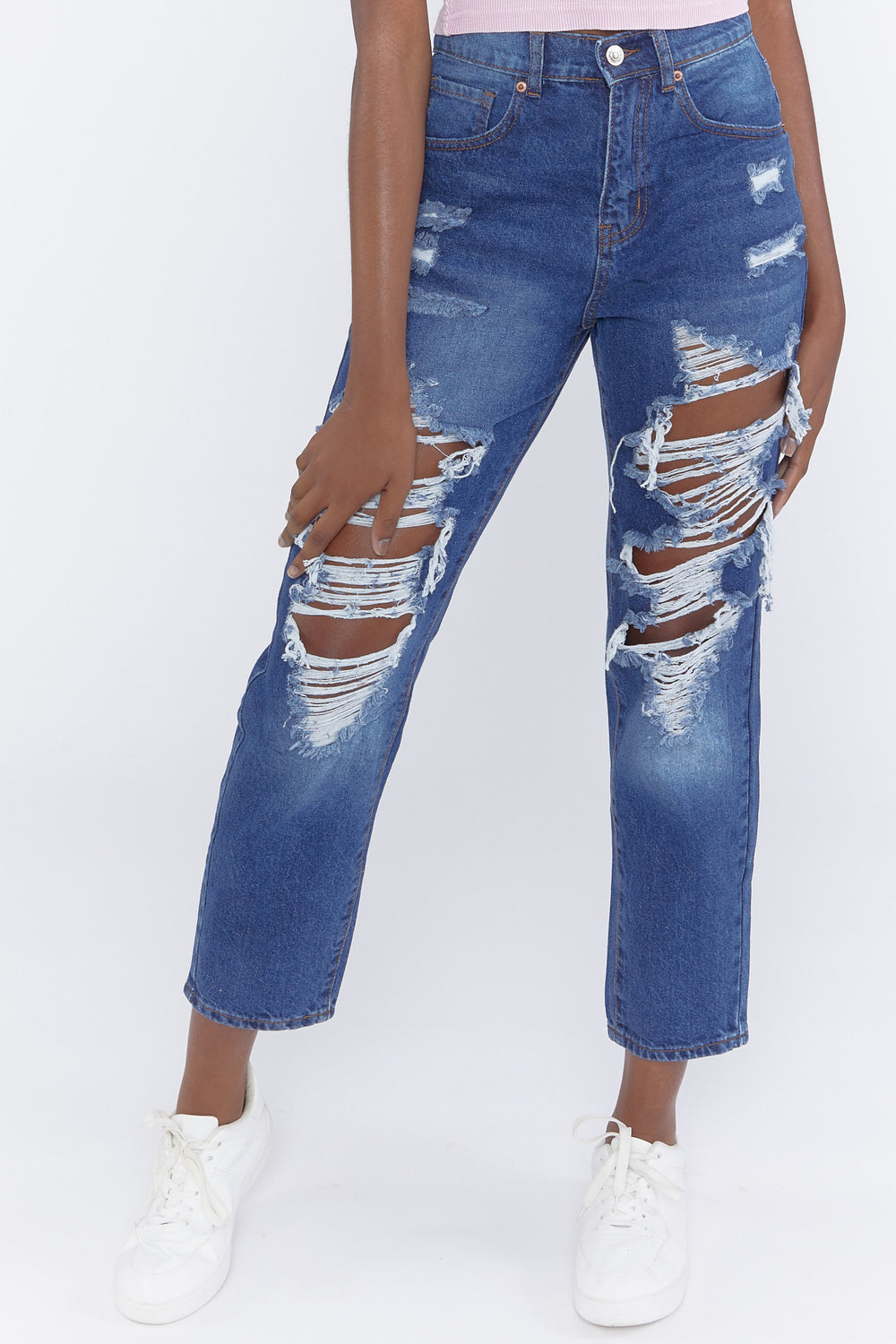 Distressed Straight-Leg Mom Jeans Denim Blue