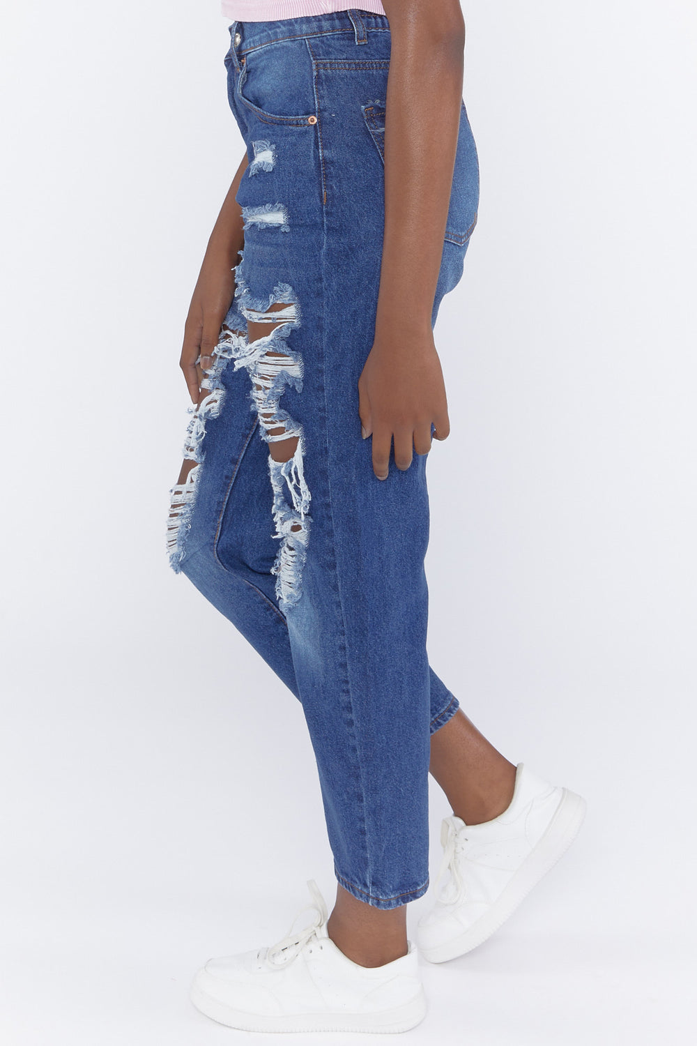 Distressed Straight-Leg Mom Jeans Denim Blue