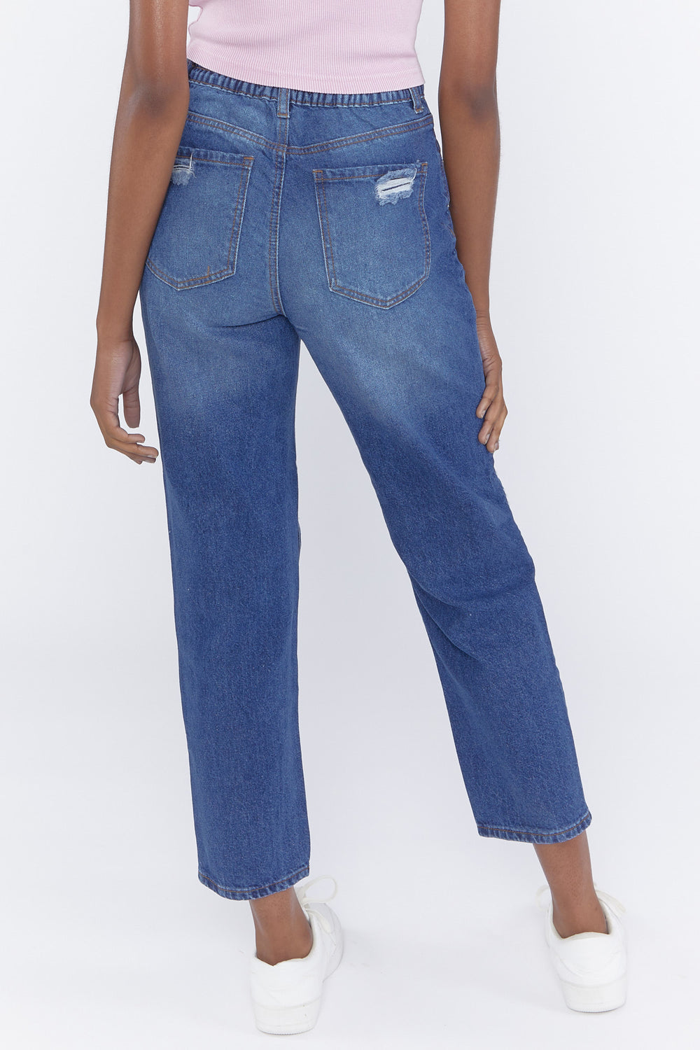 Distressed Straight-Leg Mom Jeans Denim Blue