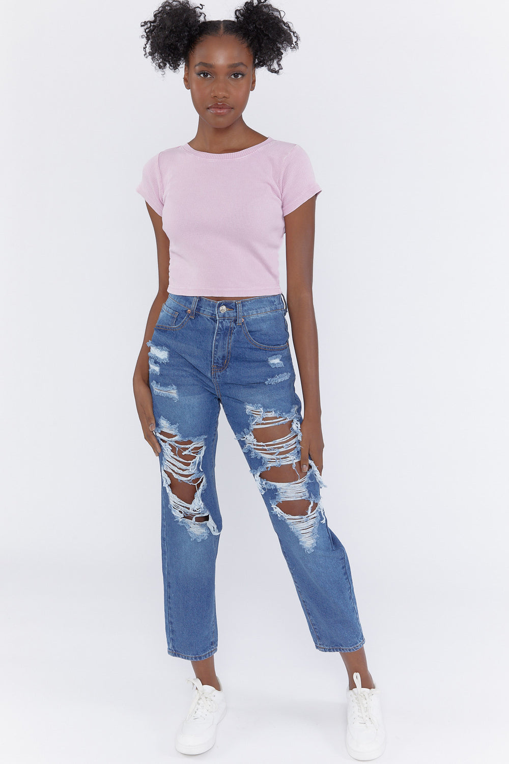 Distressed Straight-Leg Mom Jeans Medium Blue