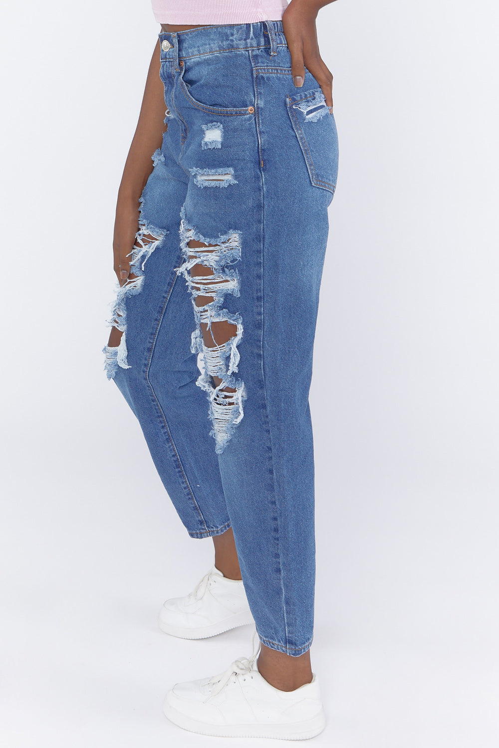 Distressed Straight-Leg Mom Jeans Medium Blue