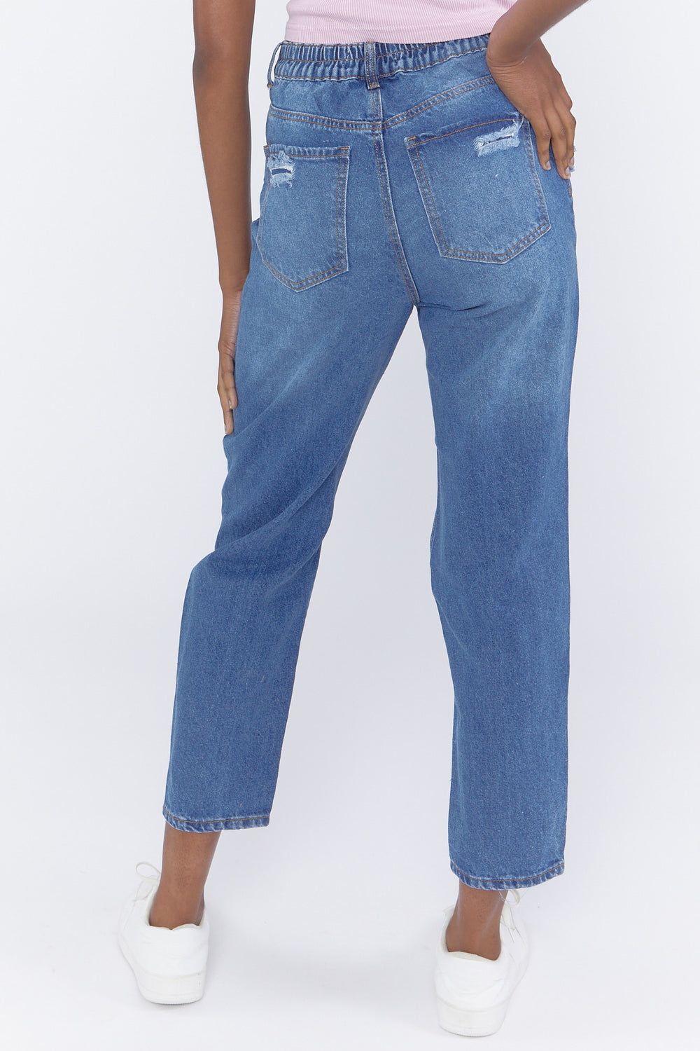 Distressed Straight-Leg Mom Jeans Medium Blue