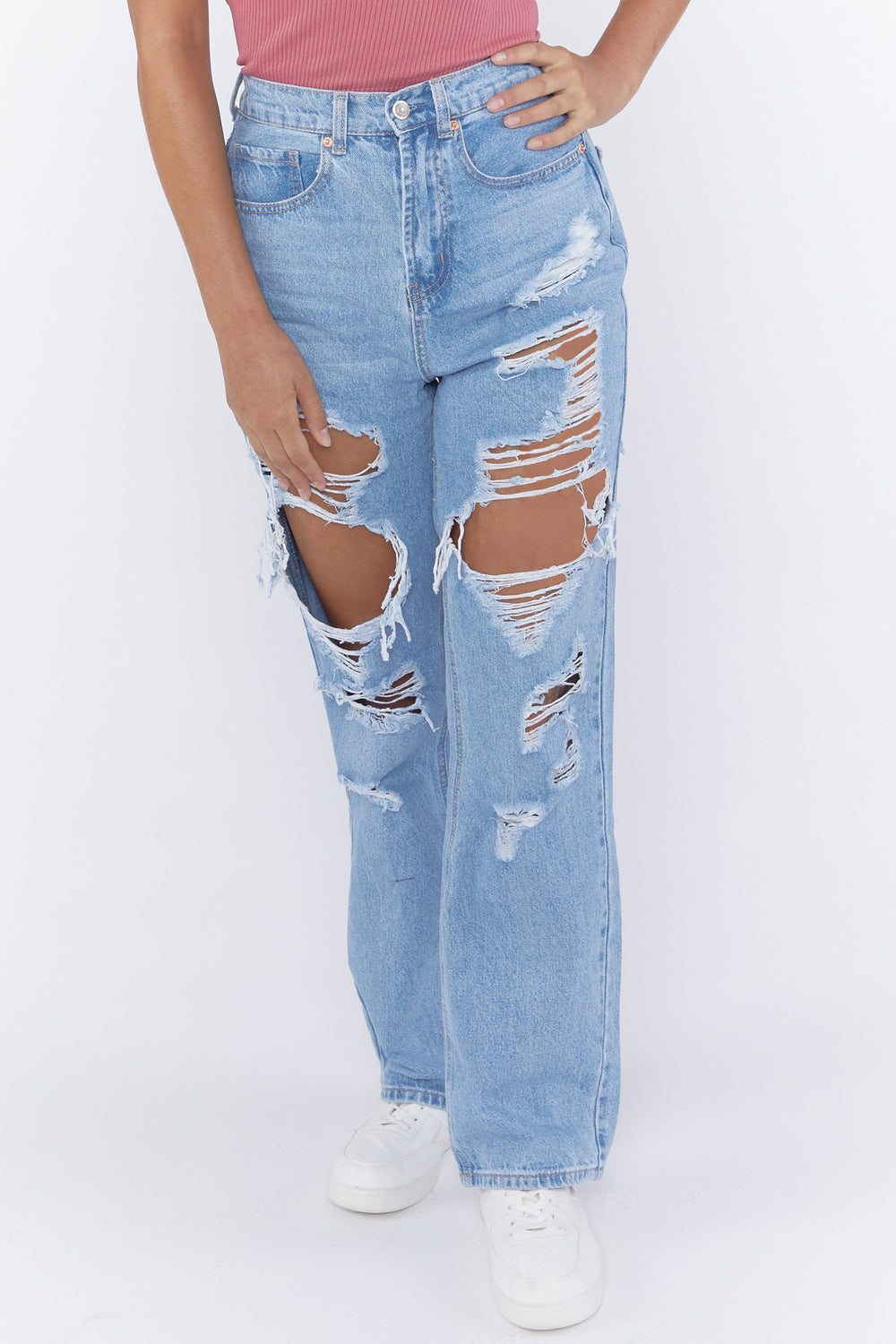 Distressed Medium Wash Mom Jeans Light Denim Blue