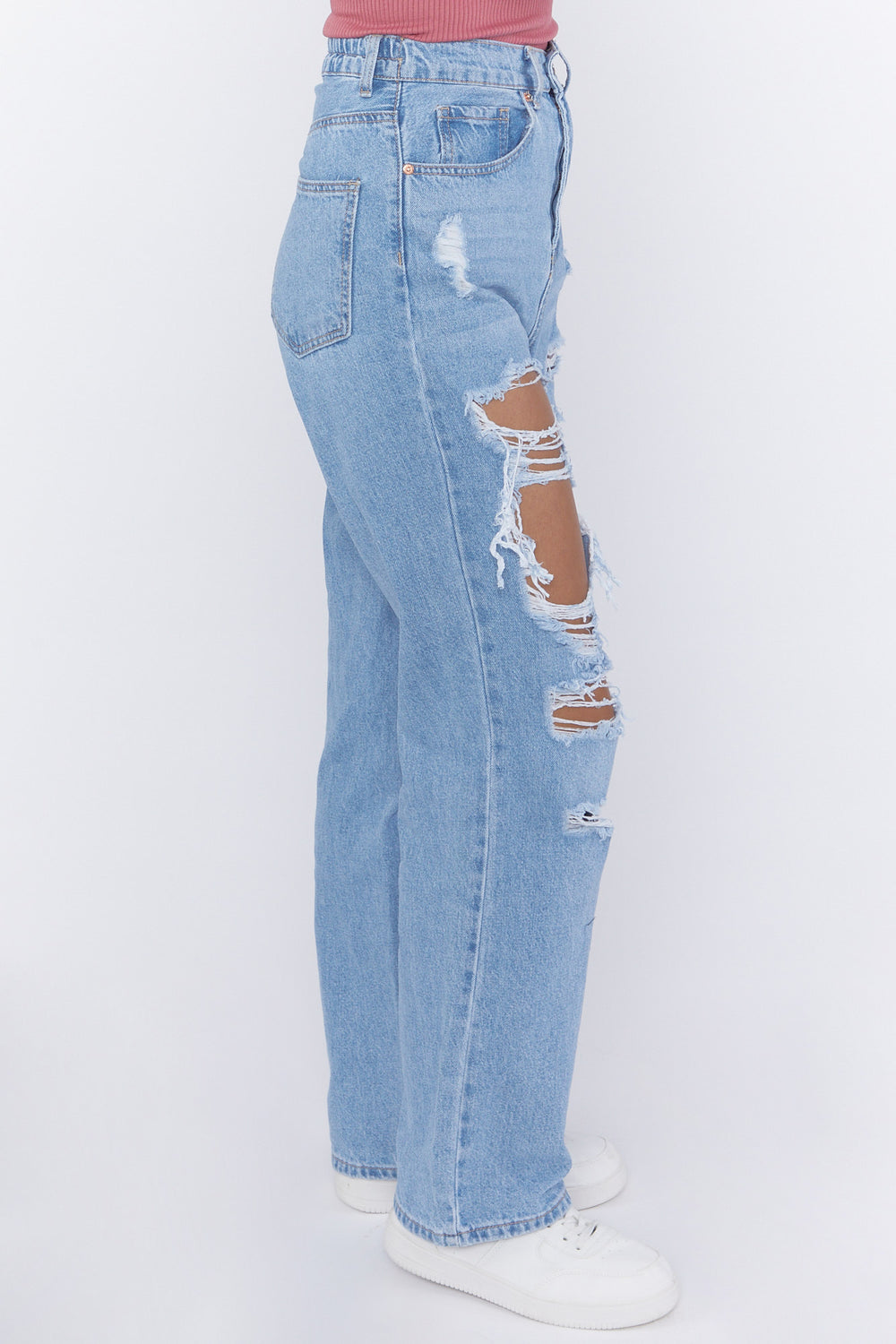 Distressed Medium Wash Mom Jeans Light Denim Blue