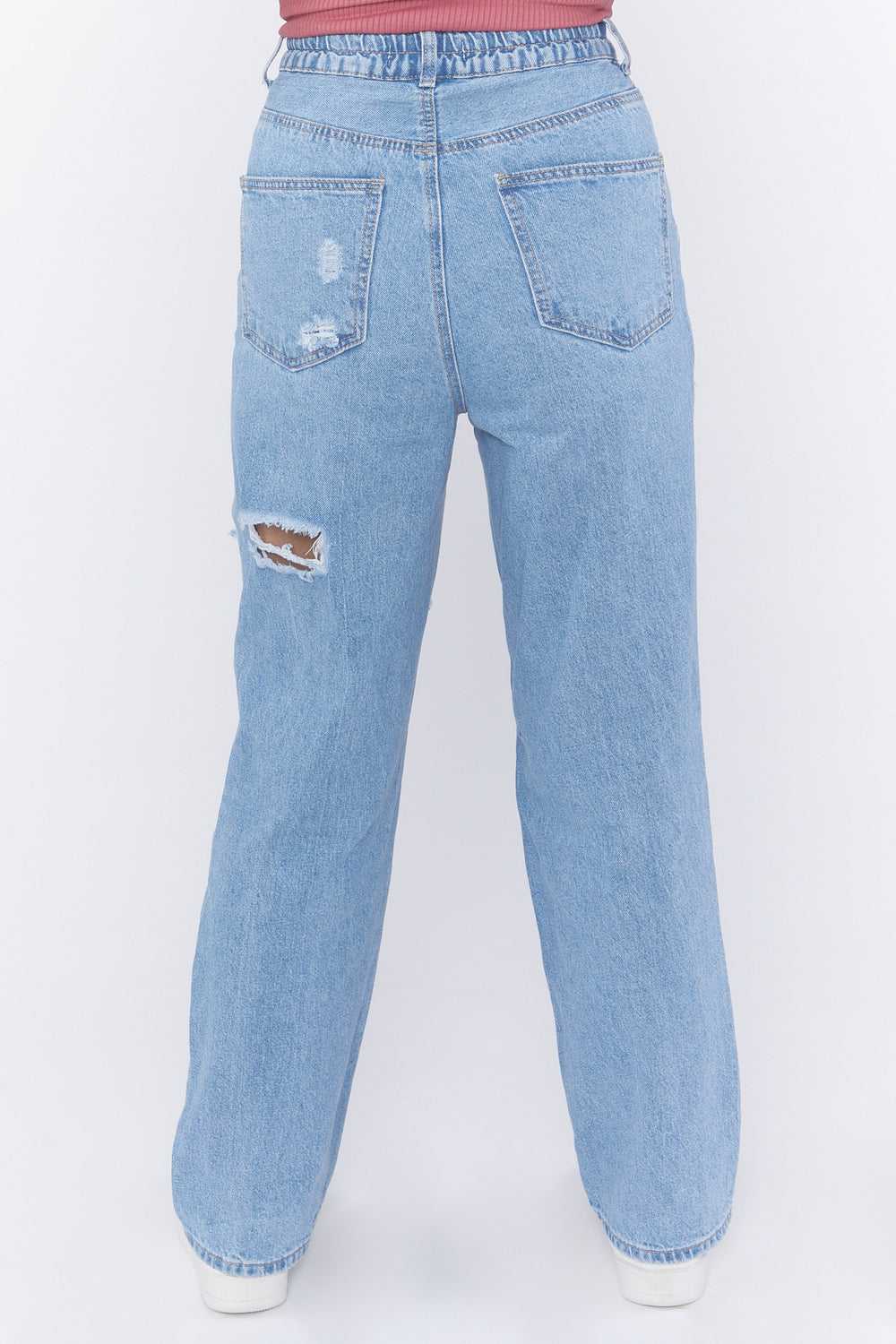 Distressed Medium Wash Mom Jeans Light Denim Blue