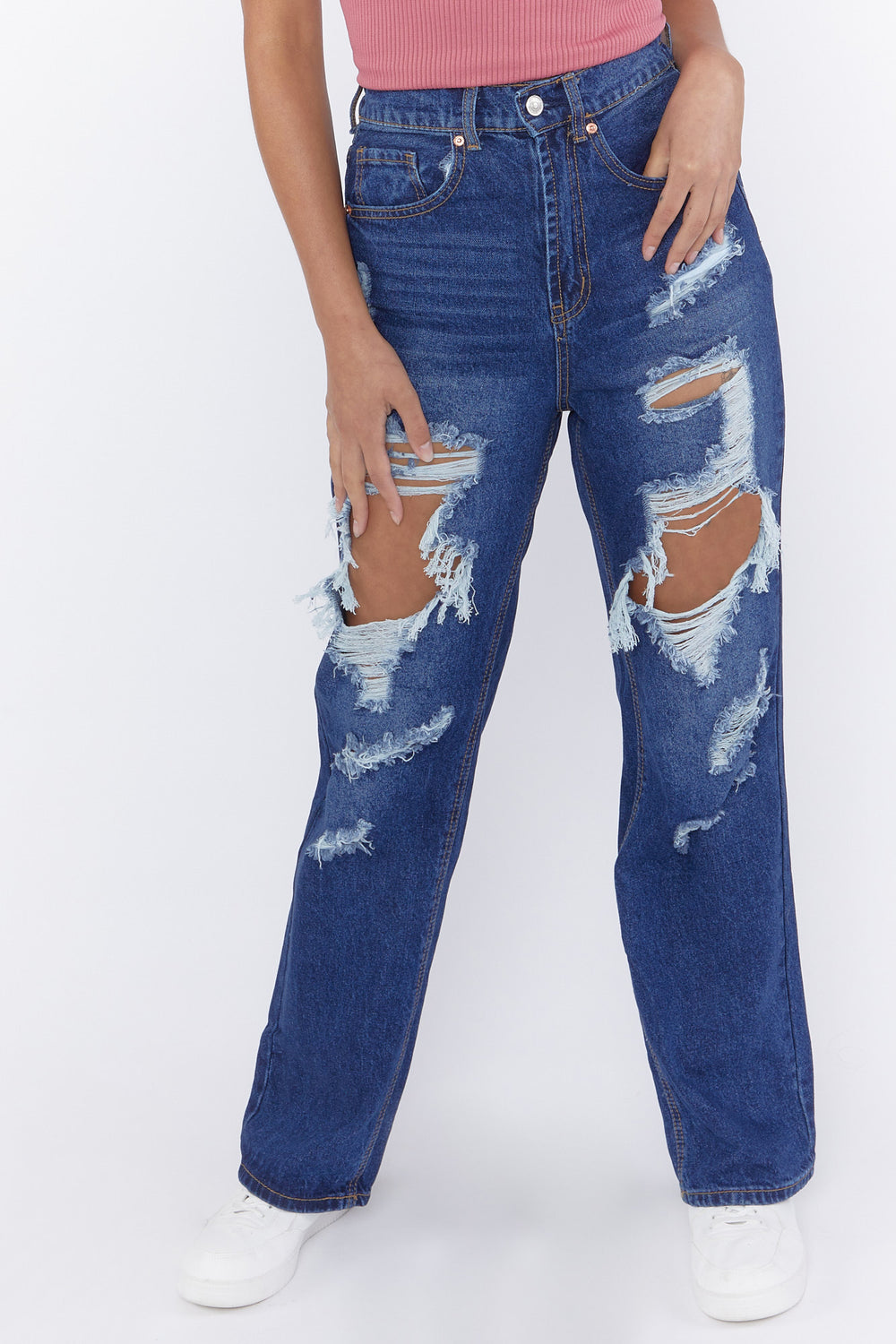 Distressed Medium Wash Mom Jeans Denim Blue