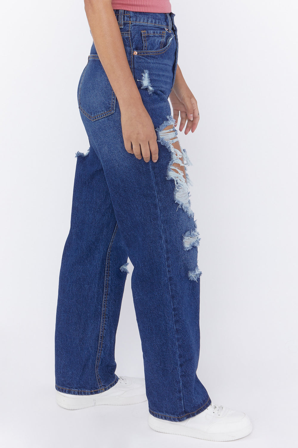 Distressed Medium Wash Mom Jeans Denim Blue