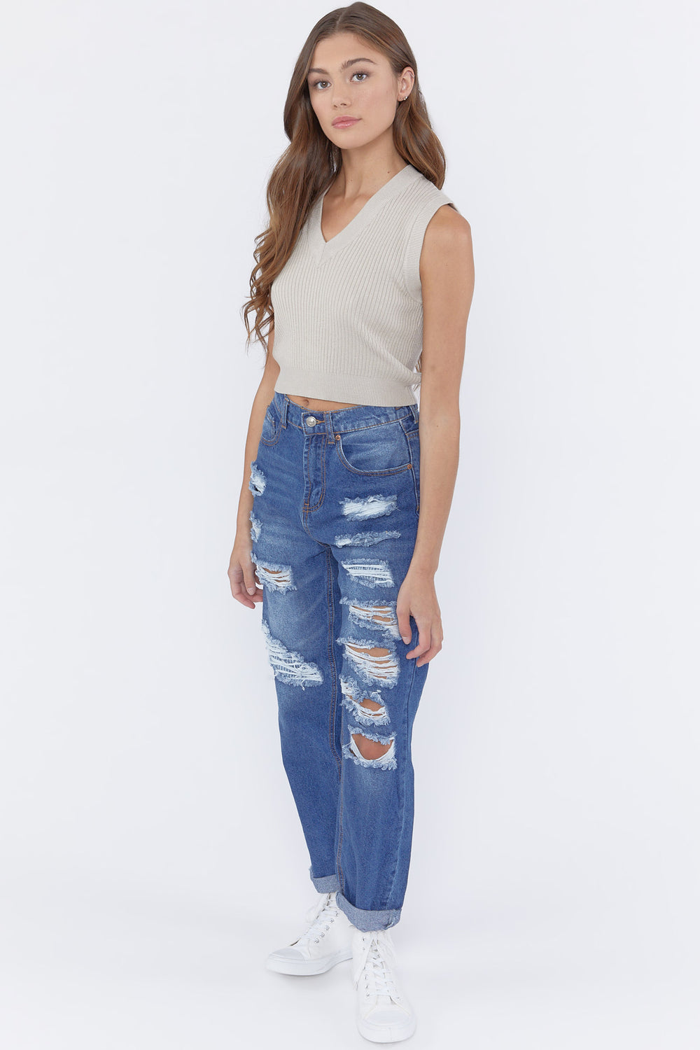 Distressed Mom Jeans Medium Blue