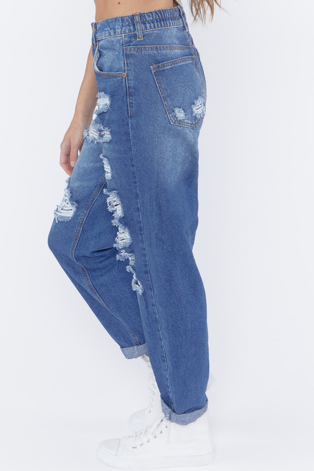 Distressed Mom Jeans Medium Blue