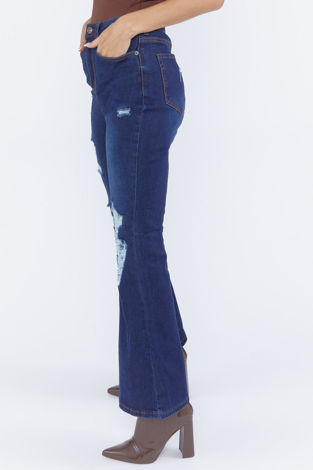 Distressed Flare Jeans Dark Blue