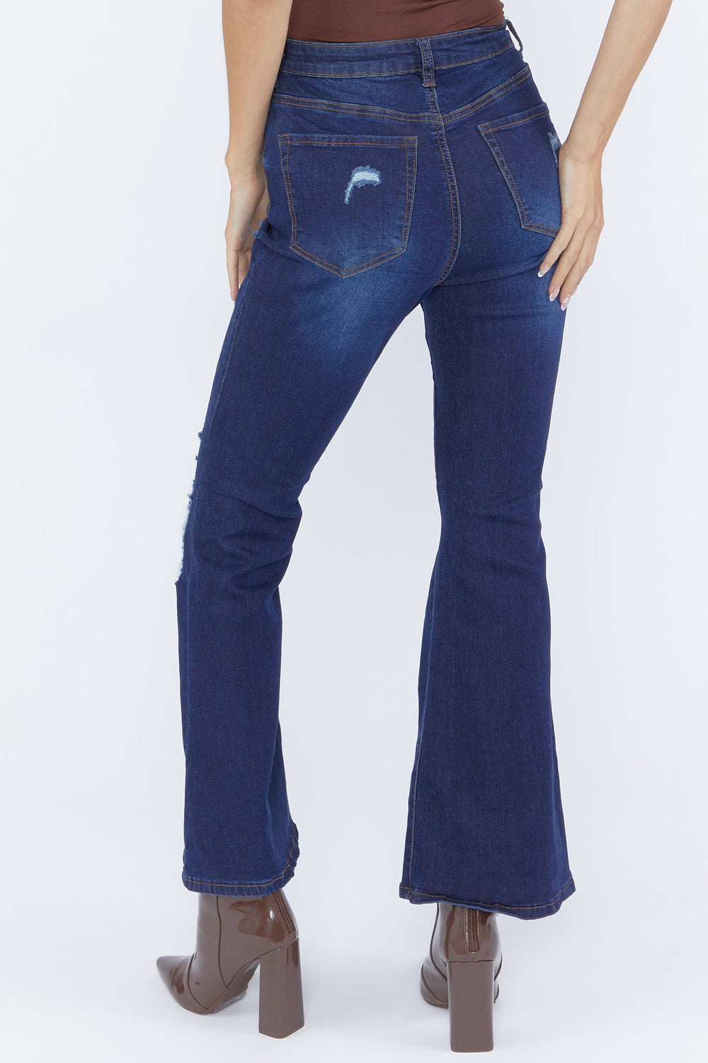 Distressed Flare Jeans Dark Blue