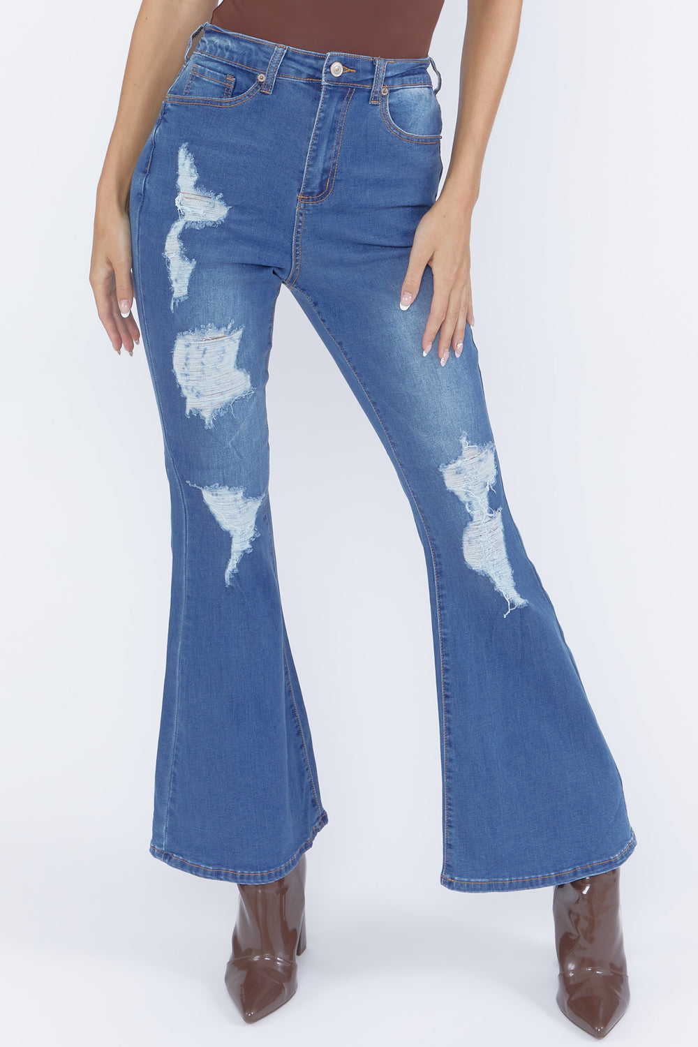 Distressed Flare Jeans Medium Blue