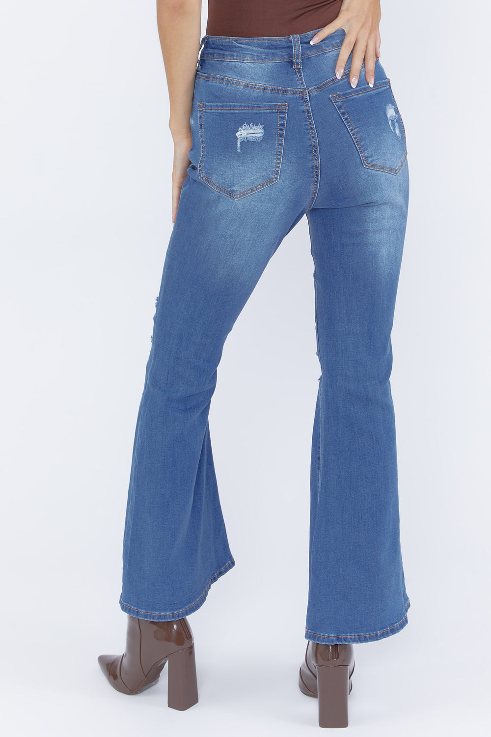 Distressed Flare Jeans Medium Blue